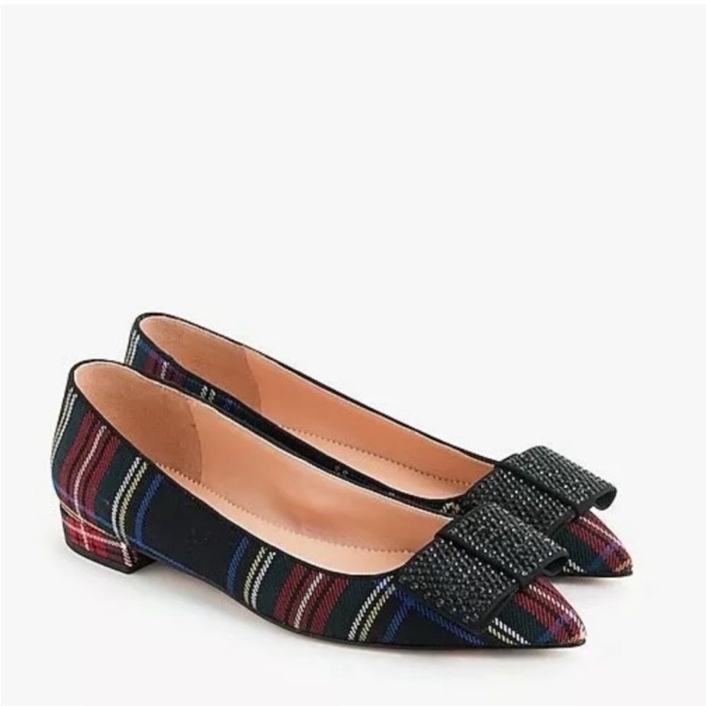 J. Crew Tartan Plaid Pointy Toe Flat with Crystal Bow Size 8.5 NIB
